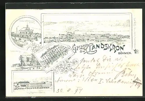Lithographie Landskron, Gold- u. Silberwarenfabrik Rud. E. Langer, K. k. Zigarren Fabrik, Schlossberg