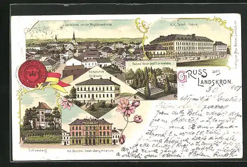 Lithographie Landskron, Fachschule für Weberei, Deutsches Staats-Obergymnasium, Tabakfabrik
