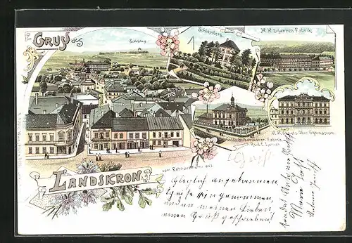 Lithographie Landskron, Gold- u. Silberwarenfabrik Rud. E. Langer, K. k. Zigarren Fabrik, Ortsansicht vom Rathausturm