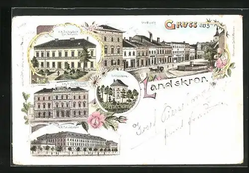 Lithographie Landskron, Tabakfabrik, Fachschule für Weberei, Stadtplatz