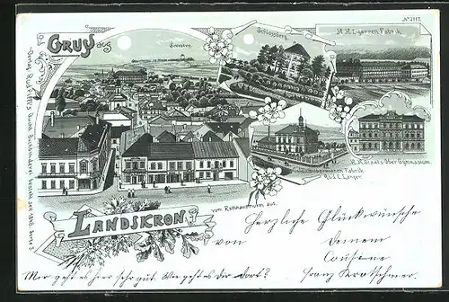 Mondschein-Lithographie Landskron, Gold- u. Silberwarenfabrik Rud. E. Langer, K. k., Ortsansicht vom Rathausturm
