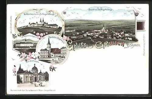 Lithographie Grulich, Neue Friedhofhalle, Pfarrkirche u. Bürgerschule, Landes Corrections-Anstalt