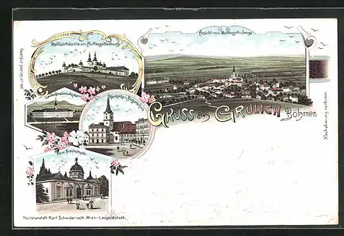 Lithographie Grulich, Neue Friedhofhalle, Pfarrkirche u. Bürgerschule, Landes Corrections-Anstalt