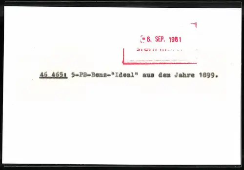Archiv-Fotografie Auto Benz Ideal, 5 PS PKW von 1899, Fotoabzug 1961