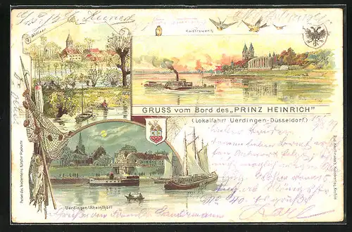 Lithographie Düsseldorf /Rhein, Kaiserswerth & Dampfer Prinz Heinrich, Lokalfahrt Uerdingen-Düsseldorf, Wittlaer