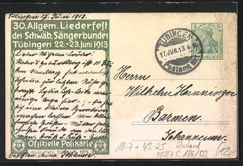 AK Tübingen, 30. Allgem. Liederfest des Schwäb. Sängerbundes 1913, Teilansicht, PP27 C 186 /03, Ganzsache