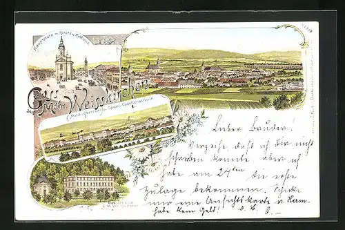 Lithographie Mähr.-Weisskirchen, Hauptplatz mit Kirche und Rathaus, Milit.-Oberreal- u. Cavall.-Cadettenschule