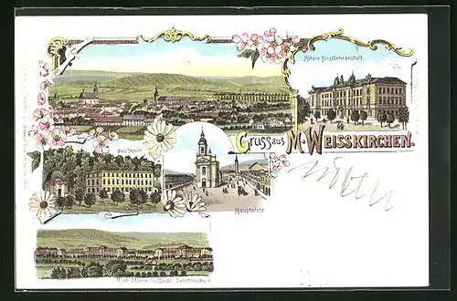 Lithographie M.-Weisskirchen, Milit.- Oberreal- u. Cavall.-Cadettenschule, Höhere Forstlehranstalt, Hauptplatz