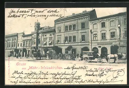 AK Mähr.-Weisskirchen, Hôtel Brünn mit Pferdewägen