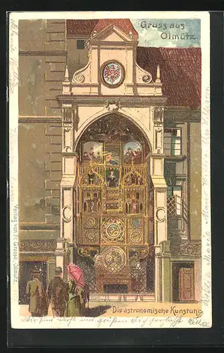 Lithographie Olmütz, Besucher vor der astronomischen Kunstuhr