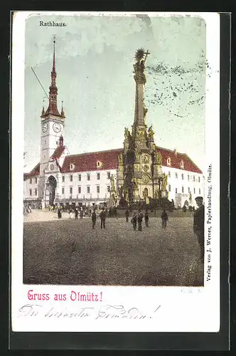 AK Olomouc /Olmütz, Dreifaltigkeitssäule und Rathaus