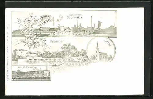 Lithographie Hruschau, Sodafabrik, Oderhort, Kirche, Hubert-Schacht