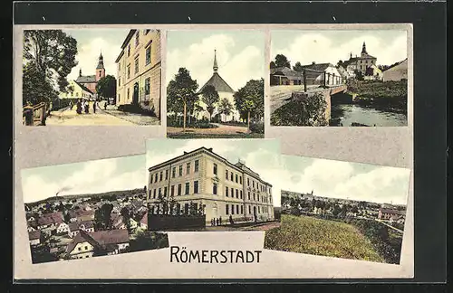 AK Römerstadt, Strassenpartie mit Kirche, Brücke