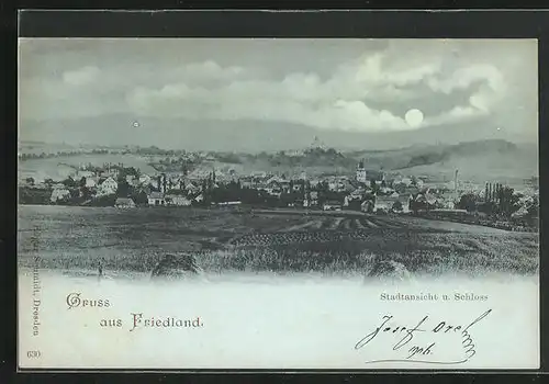 Mondschein-AK Friedland, Stadtansicht und Schloss