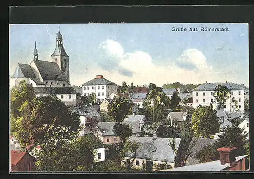 AK Römerstadt, Ortspartie mit Kirche