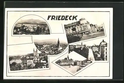 AK Friedeck, Strassenpartie, Totalansicht mit Kirche, Marktplatz