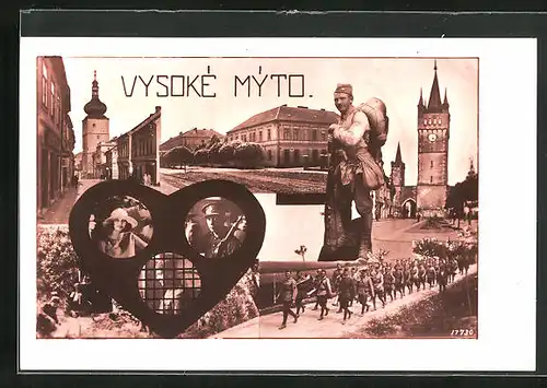 AK Vysoké Mýto, Turm mit Tor, Soldat in voller Montur, Marktplatz