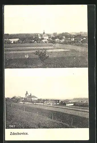 AK Zdechovice, Blick über Felder auf den Ort