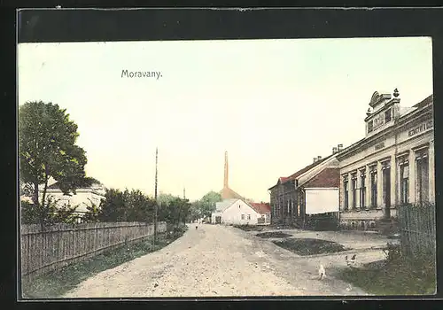 AK Moravany, Strassenpartie mit Hühnern