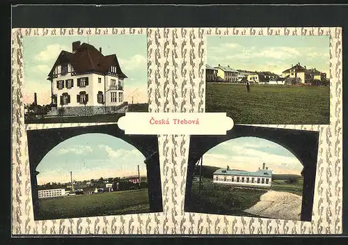 AK Ceská Trebová, Mann auf Feld mit Ort im Hintergrund, Gasthaus