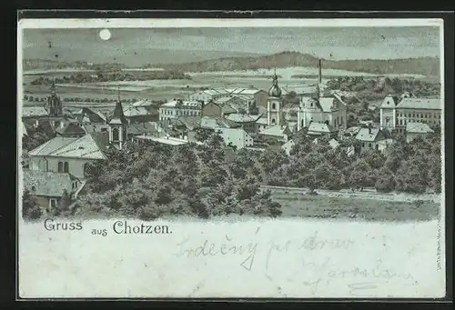 Mondschein-Lithographie Chotzen / Chocen, Teilansicht des Ortes bei Nacht