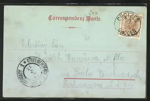 Mondschein-Lithographie Chotzen / Chocen, Teilansicht des Ortes bei Nacht