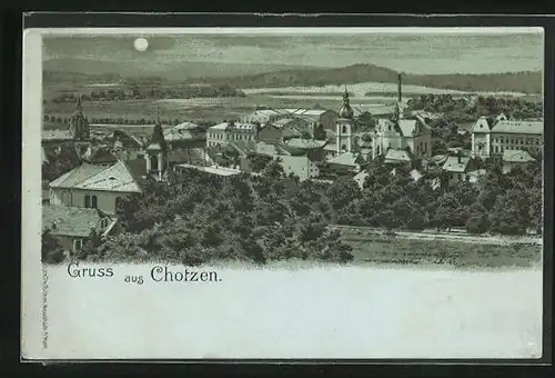 Mondschein-Lithographie Chotzen / Chocen, Teilansicht mit Umgebung