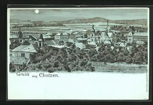 Mondschein-Lithographie Chotzen / Chocen, Blick auf Teil des Ortes