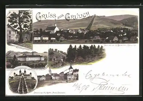 Lithographie Grulich, Muttergottesberg, Kloster der Ursulinen, Ring-Platz