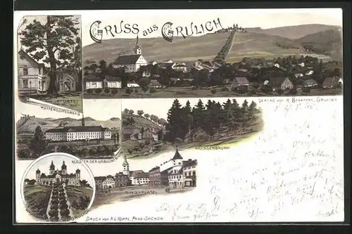 Lithographie Grulich, Pforte zum Muttergottesberg, Kressenbrunn, Ortsansicht