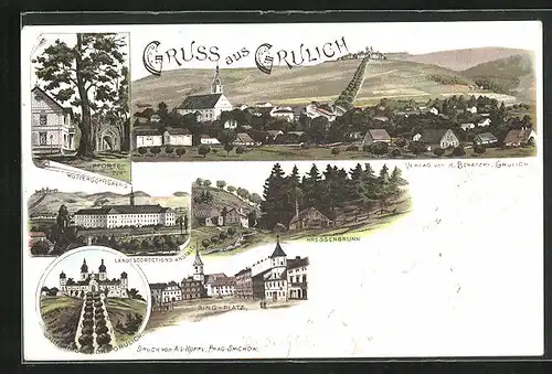 Lithographie Grulich, Kressenbrunn, Wallfahrtskirche, Pforte zum Muttergottesberg