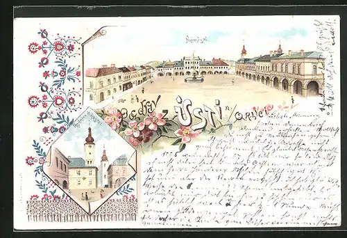 Lithographie Ústí n. Orlicí, Radnice, Kostel, Namesti