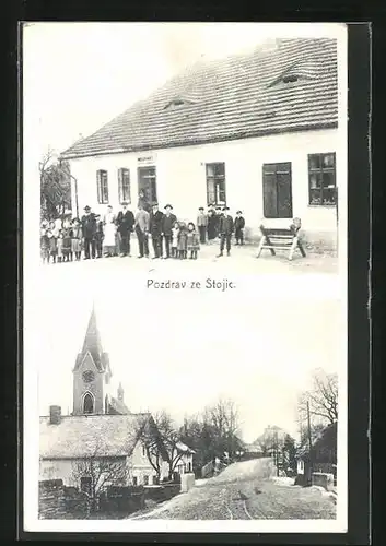 AK Stojice, Hostinec /Gasthaus, Strassenpartie mit Kirche