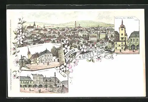 Lithographie Usti n. Orl., Kostelni námesti, Hlavni námesti, Radnice