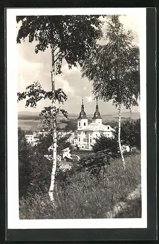 AK Zamberk, Kirche vom Hügel aus