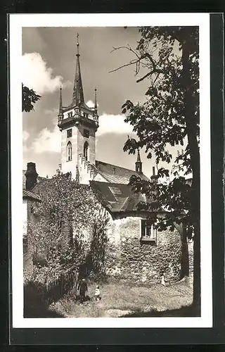 AK Policka, Ortspartie mit Kirche