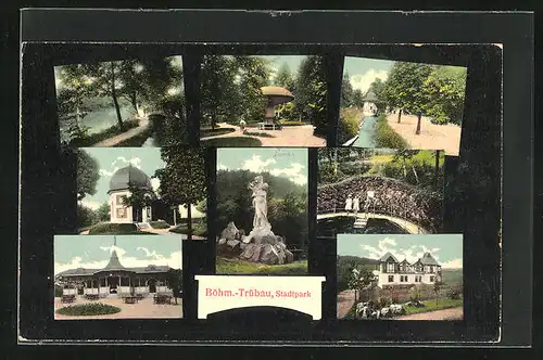 AK Böhm.-Trübau, Stadtpark mit Kapelle, Teesalon und Statue