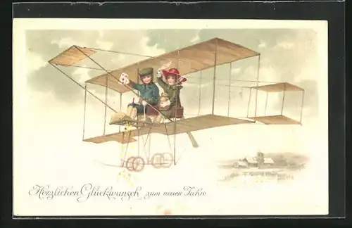 Künstler-AK Paar in altertümlichem Flugzeug
