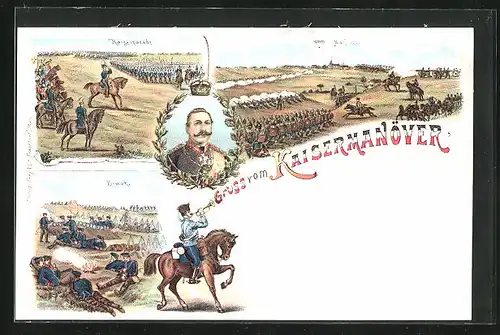 Lithographie Kaisermanöver, Kaiserparade, Biwak, Kaiser Wilhelm II.