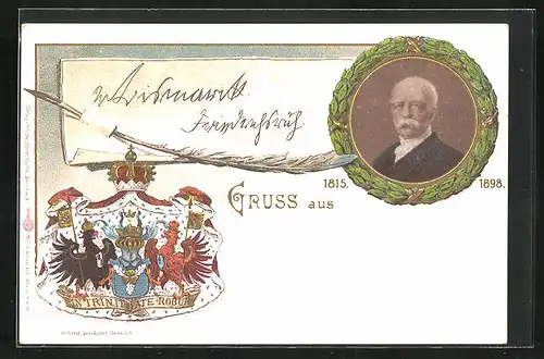 AK Portrait von Bismarck mit Wappen und Ehrenkranz