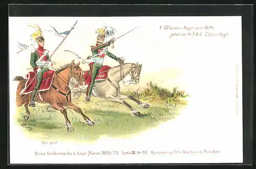 Lithographie Galoppierende Soldaten in Uniform des 4., 5. und 6. Chev.-Regiments
