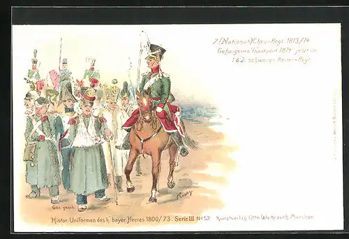 Lithographie Gefangenen Transport 1814 begleitet von uniformieretem Soldaten, 1. u. 2. schweren Reiter-Regiment