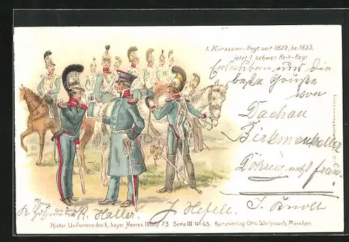 Lithographie Uniformierte Soldaten mit Pferden, 1. schwer. Reit-Regiment