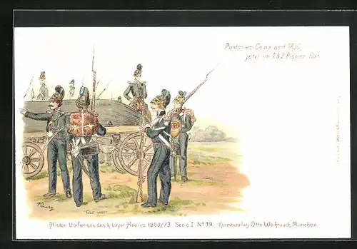 Lithographie Soldaten in Uniform mit Waagen, 1. u. 2. Pionier-Bat., Regiment