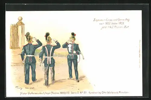 Lithographie Salutierende Soldaten in Uniform, Ingenieur-Corps und Genie-Regiment, 1. u. 2. Pionier-Bat.