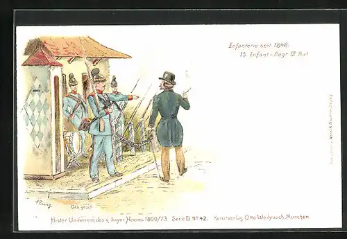 Lithographie Mann und uniformierte Soldaten, Infanterie, 15. Infant.-Regiment III. Bat.