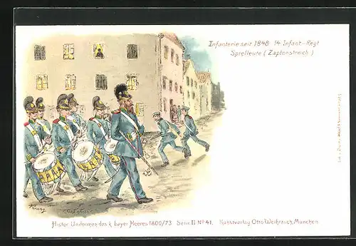 Lithographie Spielleute, Soldaten in Uniform, 14. Infant.-Regiment
