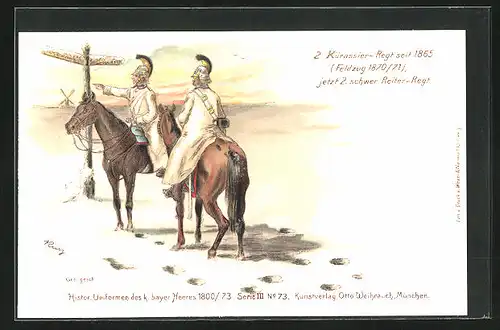 Lithographie Soldaten in weisser Uniform an Wegweiser, 2. schwer. Reiter-Regiment