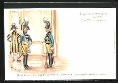 Lithographie Leibgarde der Hartschiere, Soldaten in gold-blauer Uniform, Regiment