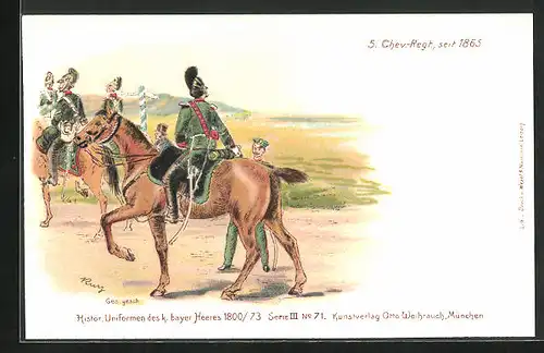 Lithographie Soldaten in grüner Uniform an Wegweiser, 5. Chev.-Regiment